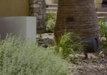 Speaker in the ground surrounded by grass, tree and rocks