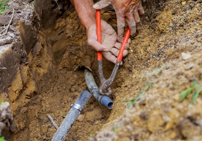 Underground sprinkler system to water the ground in man working with pipes in ground while installing