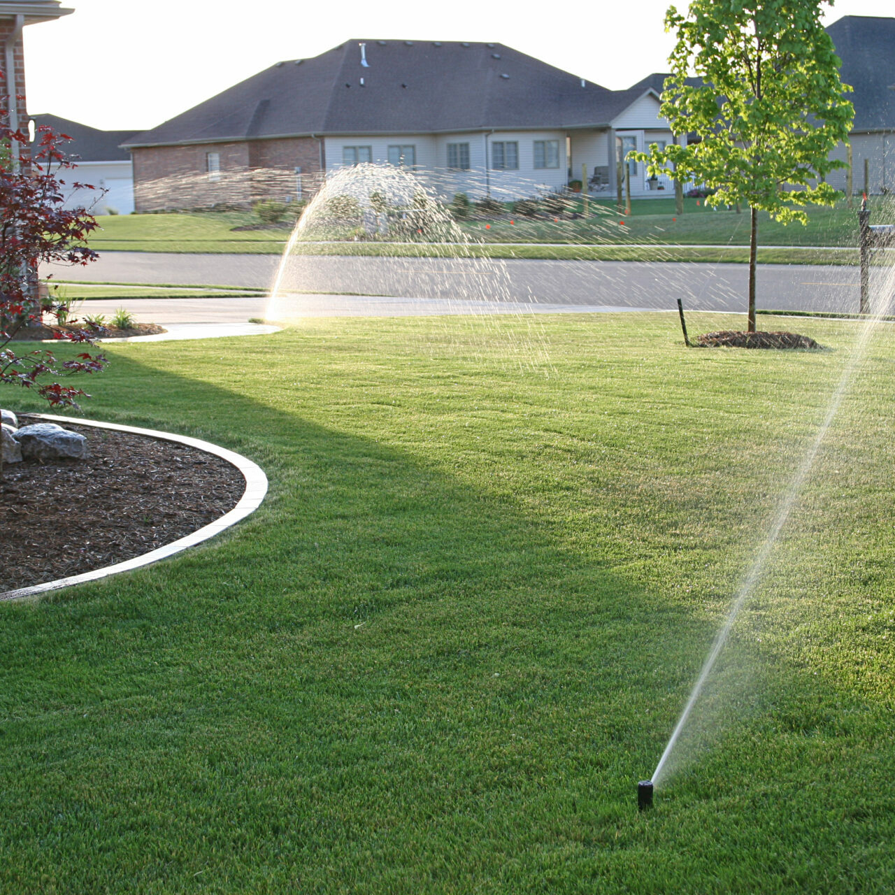 Well-maintained lawn with sprinklers