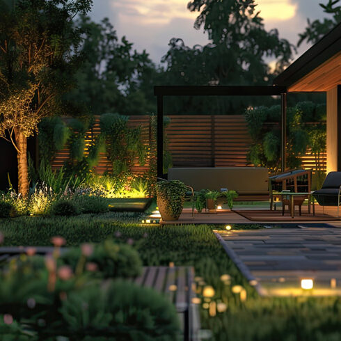 a backyard at sunset, beautiful landscape with subtle lighting