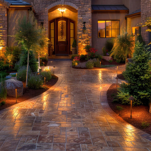 A modern luxury home with a interlock path lit with lights