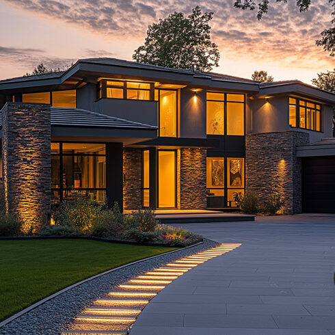 Beautiful modern home with an interlock driveway with lighting up the driveway