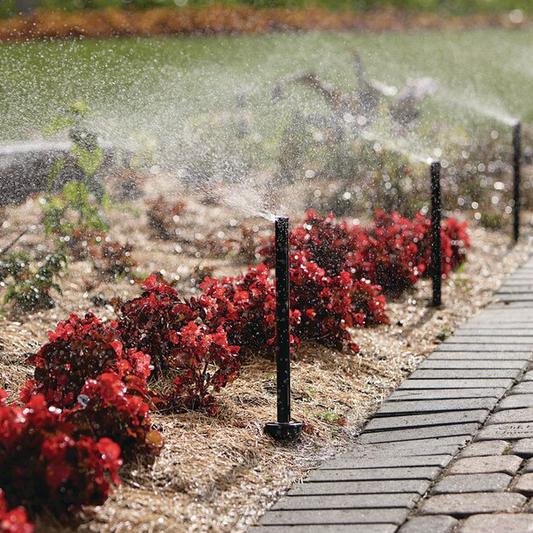 a row of inground sprinklers beside and interlock path and a bed of flowers